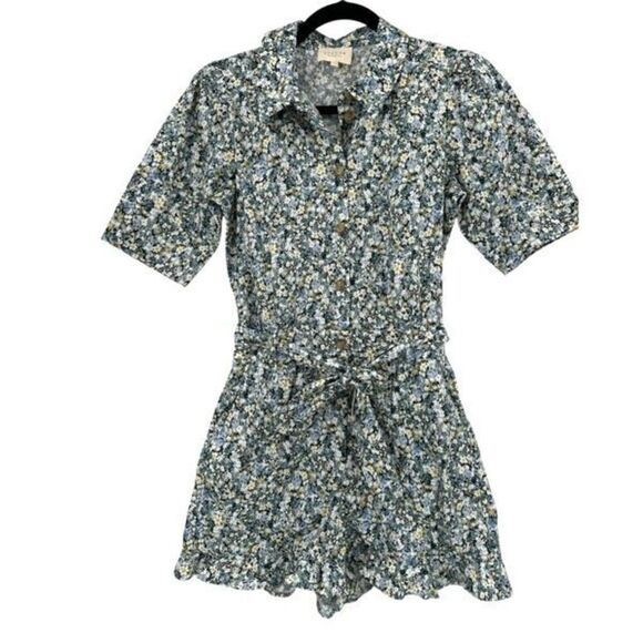 Sezane Green Floral Elise Collared Tie Waist Cotton Romper Size 34 /2